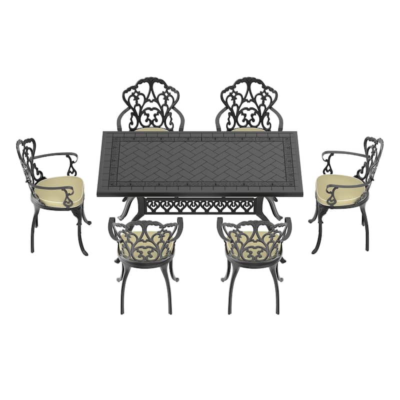 5/7-Piece Cast Aluminum Outdoor Dining Set with 59.06'' L X 35.43'' W Rectangular Table and Random Color Seat Cushions