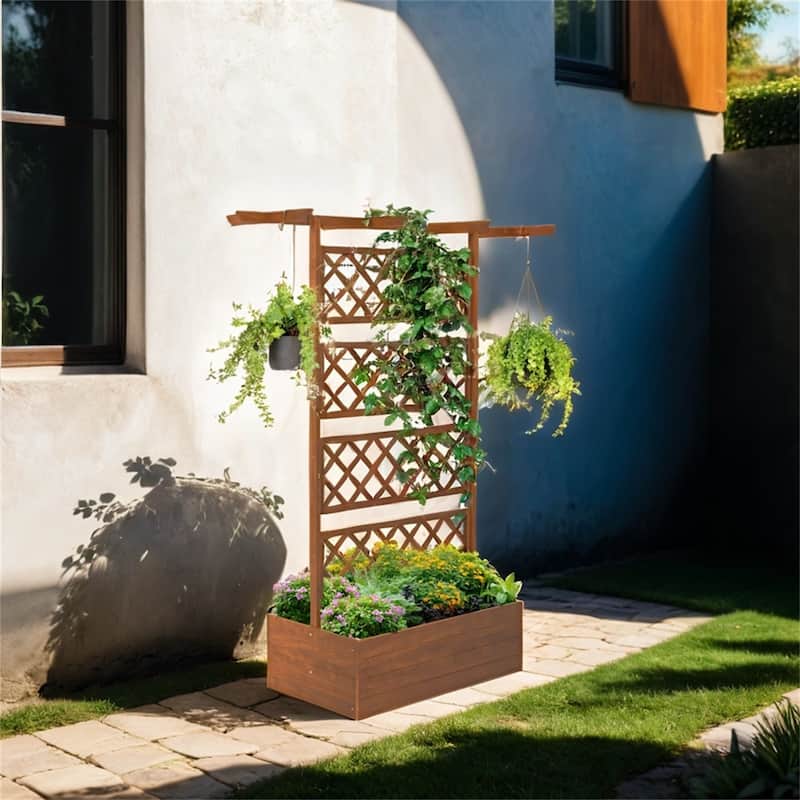 Outsunny Wood Planter,Raised Garden Bed Privacy Screen Planter Box