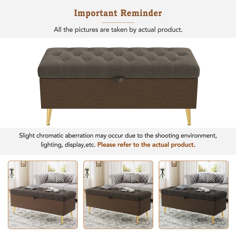 Roomfitters Modern Tufted Boucle Storage Ottoman Bench with Gold Metal Legs, Entryway End of Bed