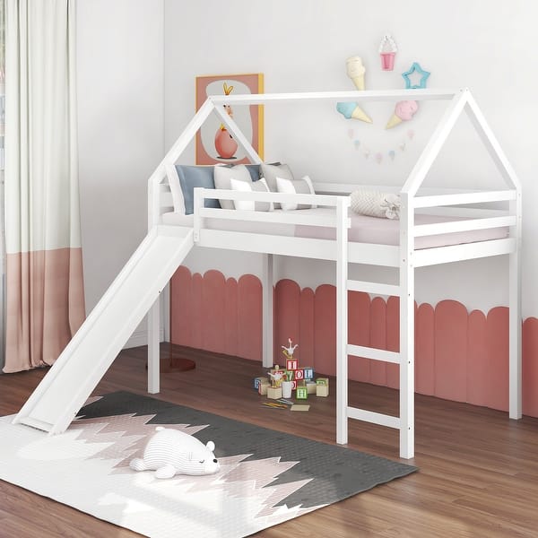 slide 2 of 15, Twin Size Wood Loft Bed with Slide White
