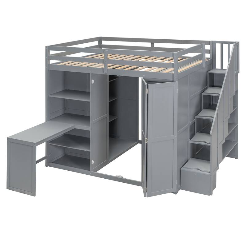Full Size Loft Bed with Built-in Wardrobe, Desk and Shelves in Modern Gray