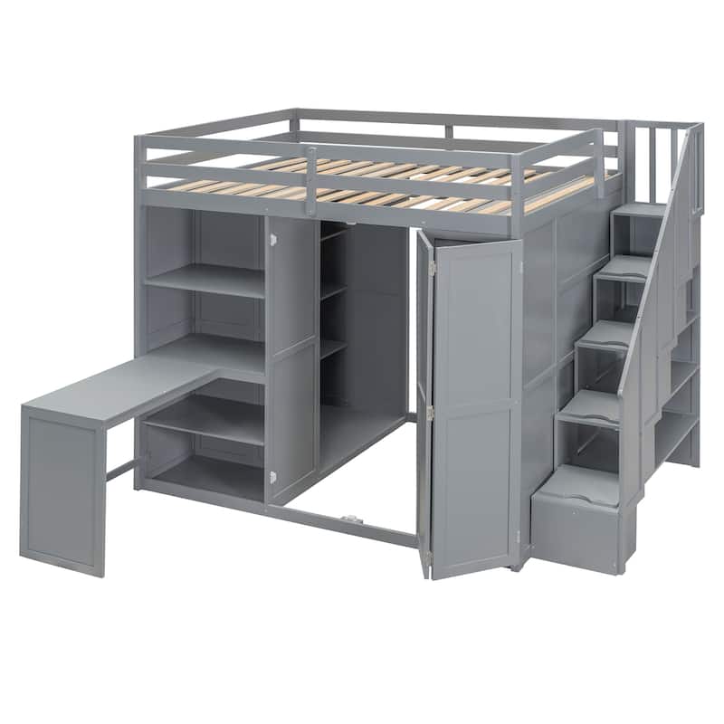 Roomfitters Full Size Loft Bed with Wardrobe, Desk and Shelves