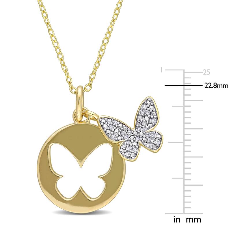 Miadora Yellow Plated Sterling Silver 1/10ct TDW Diamond Double Butterfly Clustered Necklace - 22.8 mm x 18 inch x 21.9 mm
