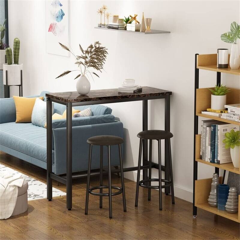 3 Piece Kitchen Pub Dining Set, Modern Faux Marble Counter Height Bistro Bar Table Set with 2 PU Leather Bar Stools