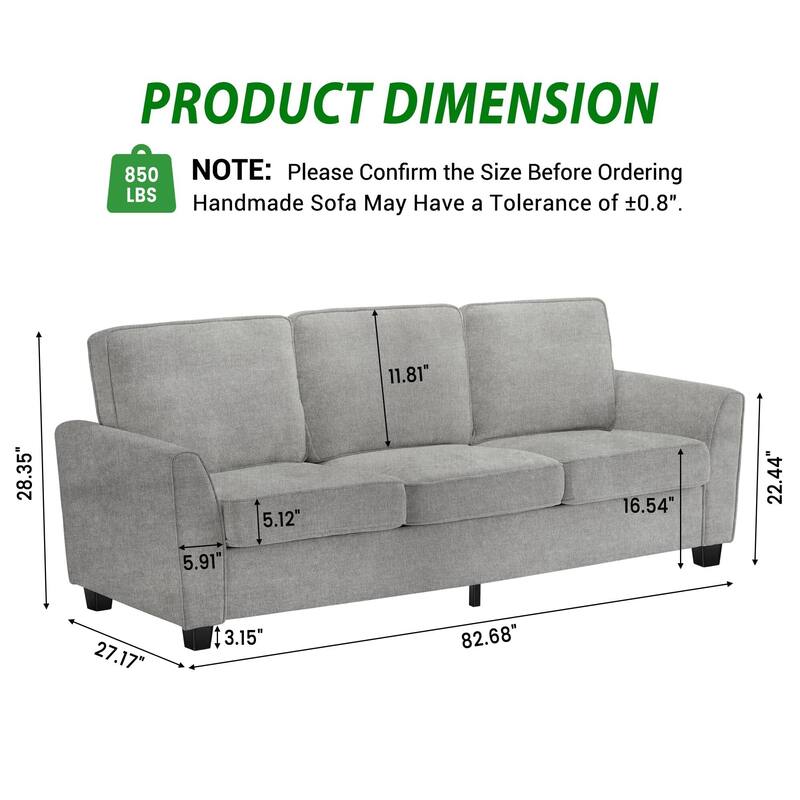 83" Couch, 3-Seater Sofa with Deep Seat, Comfortable Chenille Couch