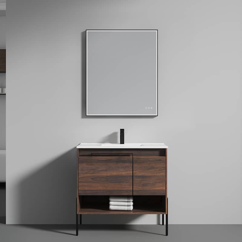 Freestanding Bathroom Vanity Set with Open Shelf & Topmounted Sink - CaliWalnut