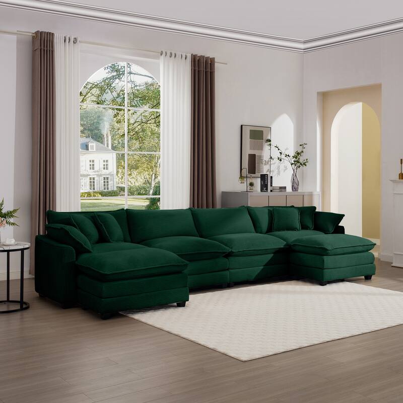 Green 150" Corduroy Modular U-Shaped Sectional Sofa with 2 Ottomans