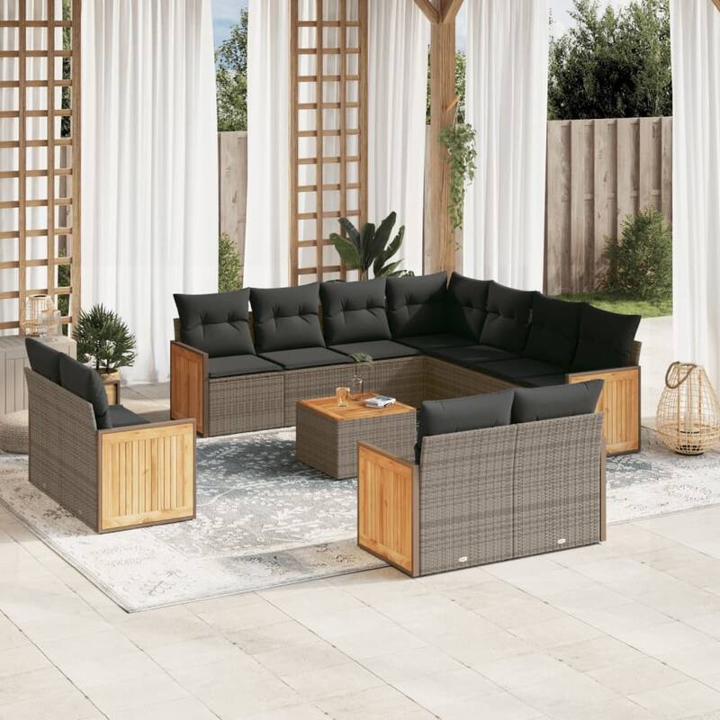 vidaXL Patio Sofa Set with Cushions Outdoor Conversation Furniture Poly Rattan - Grey-With table - 21.7 x 21.7 x 14.6