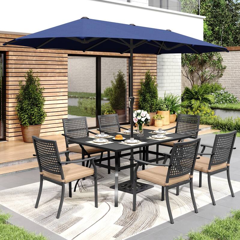 8-Piece Patio Dining Set Metal E-coating of 6 Upgraded Back Pattern Chairs & 1 Metal Table & 13FT Large Umbrella - 7-Piece-Navy Umbrella