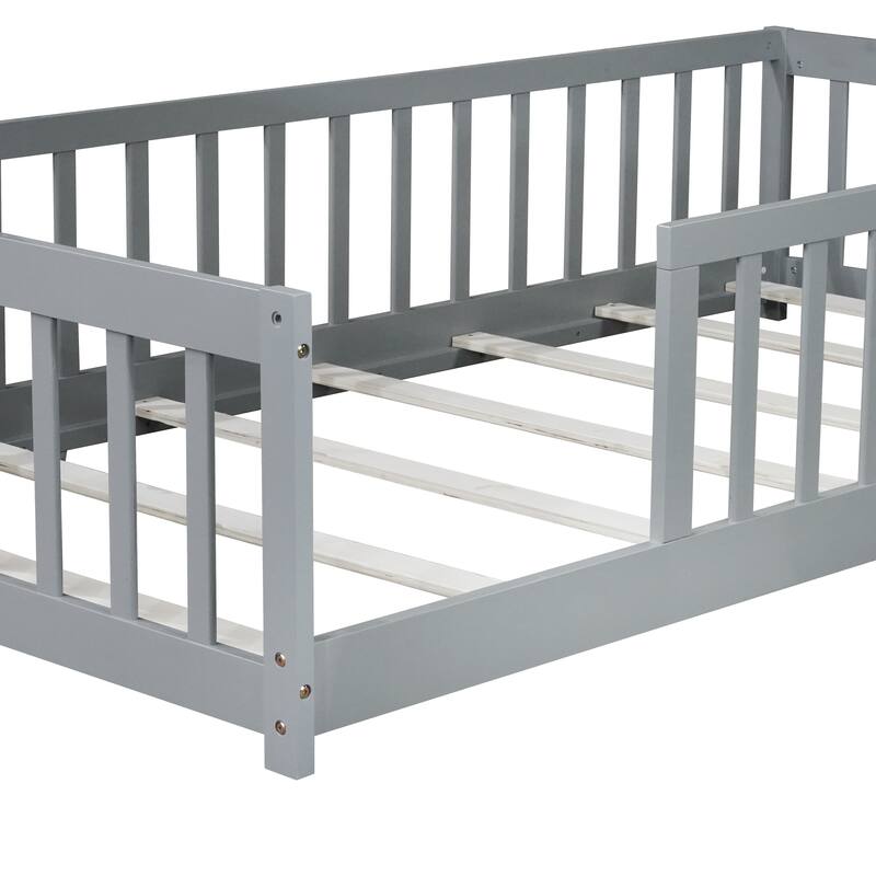 Twin Size Floor Bed with Fence without Door, Rubber Wood Floor Bed with Safety Guardrails