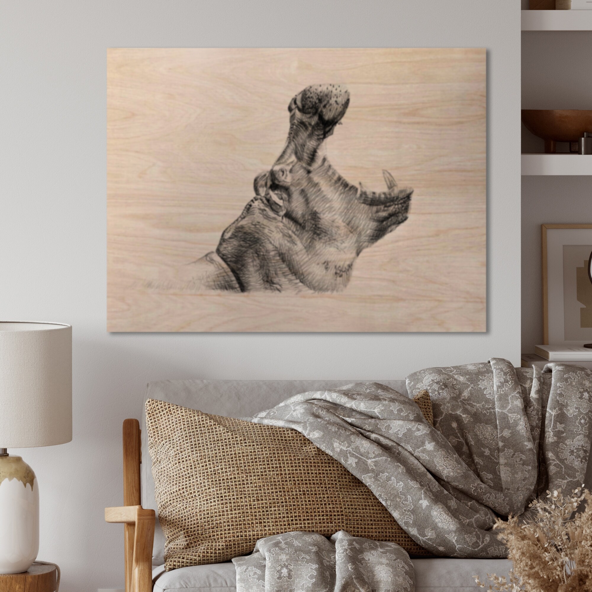 Designart 'Pencil Hippo Sketch In Black And White' Traditional Wood Wall Art Décor - Natural Pine Wood