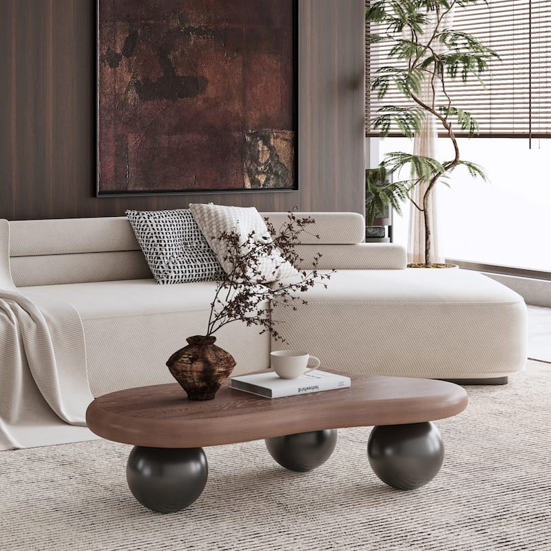 40 Inch Cloud Shaped Coffee Table with 3 Ball Legs for Living Room, Walnut Top Black Legs