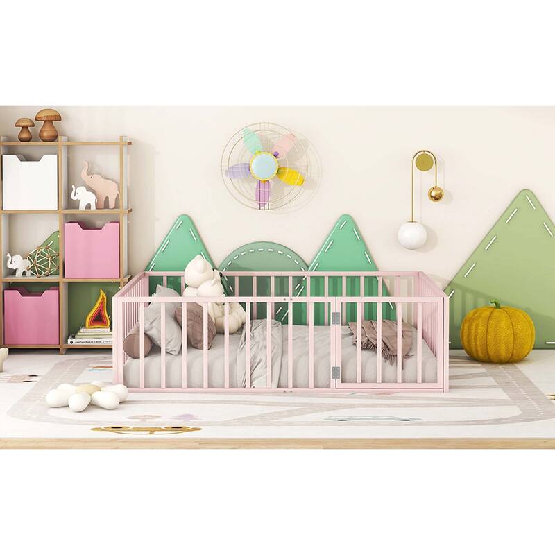 Metal Floor Bed Frame with Fence & Door