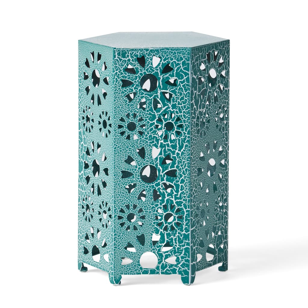 Liana Outdoor Side Table, Hexagonal 14 Inch, Sunburst Cut Out, Teal