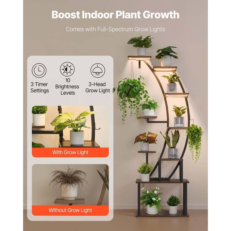 63" Tall 9-Tier Indoor Plant Stand with LED Grow Lights and Adjustable Brightness Timer - 24.41” × 11.02” × 63”