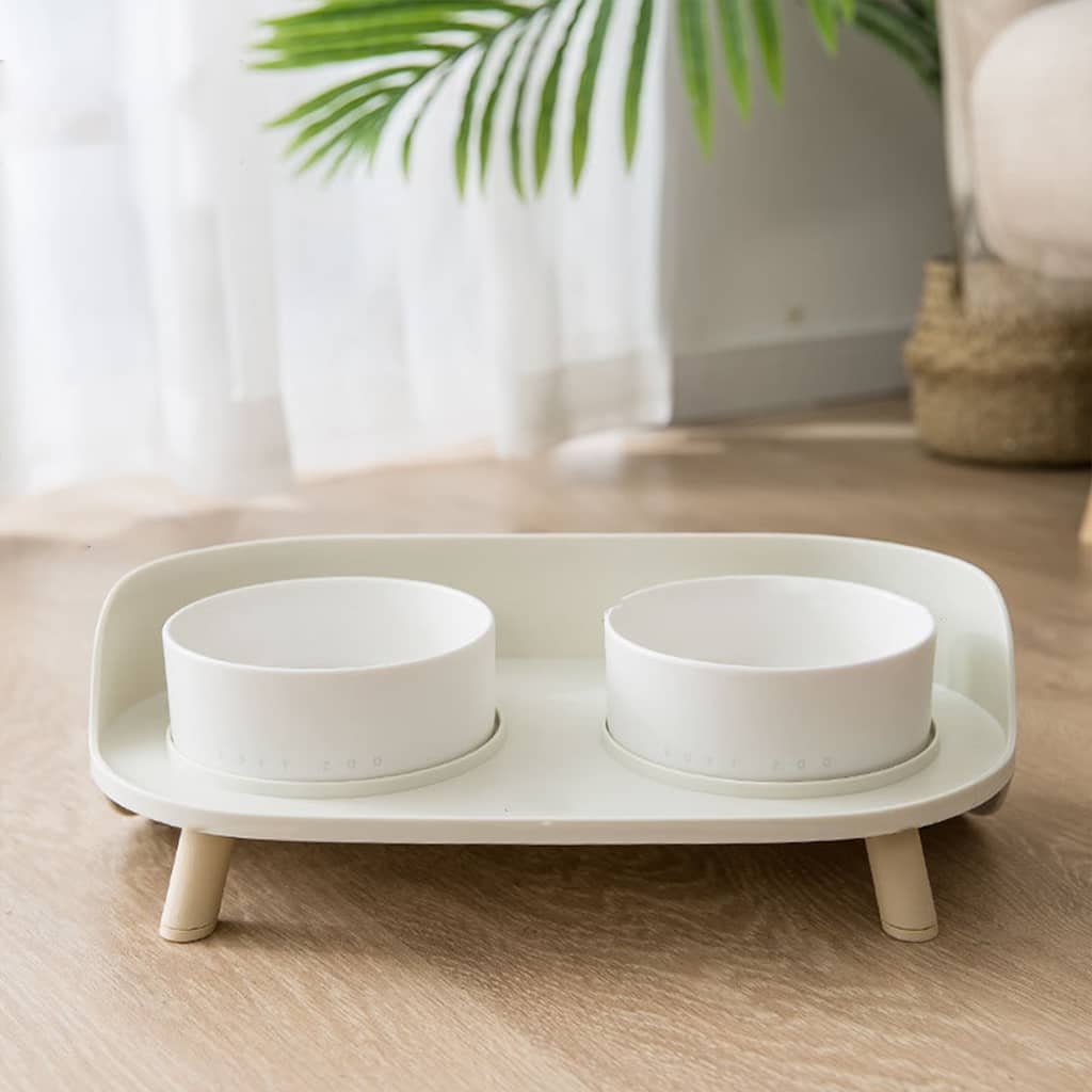 Double Bowl Ceramic Bowl Feeder Set, White