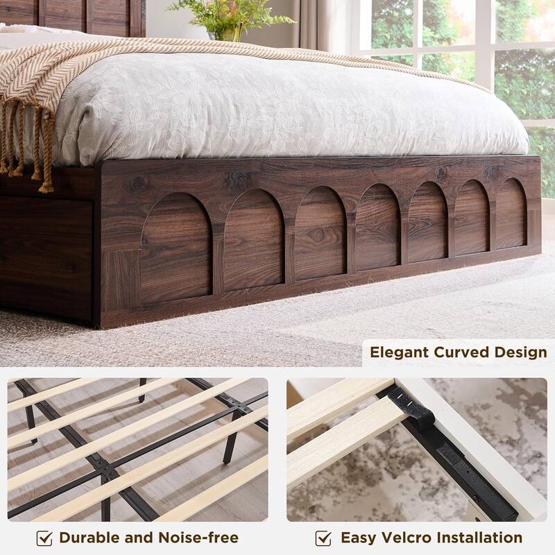 Modern King Size Bed Frame, 52" Tall Arched Recessed Headboard