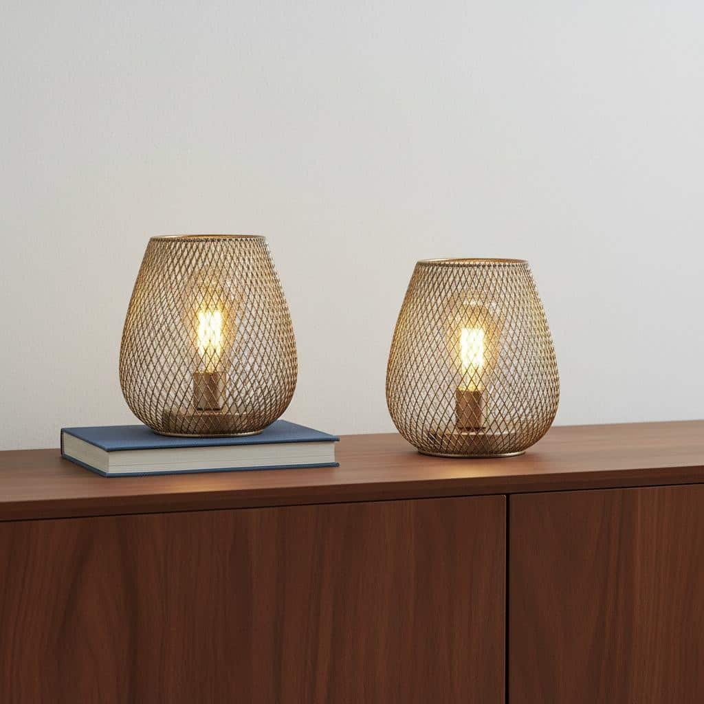 HomeRoots Set of Two 7" Silver And Gold Pierced Geometric Cordless Lantern Lamps - 5.60 in. x 6.70 in. x 5.60 in.