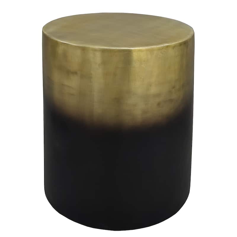 Dyan 20 Inch Side End Table, Round Drum Shape, Black Gold, Antique Brass Ombre