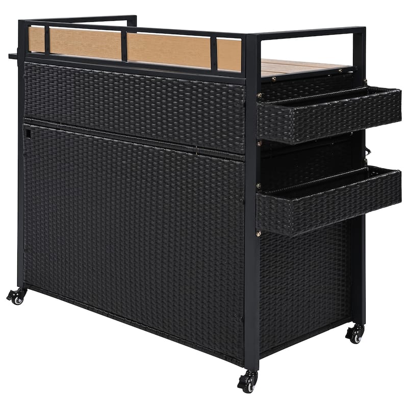 52.8"W Wicker Outdoor Grill cart with Extended Plastic Wood Table Top, Rolling Kitchen Island on Wheels with Storage Cabinet