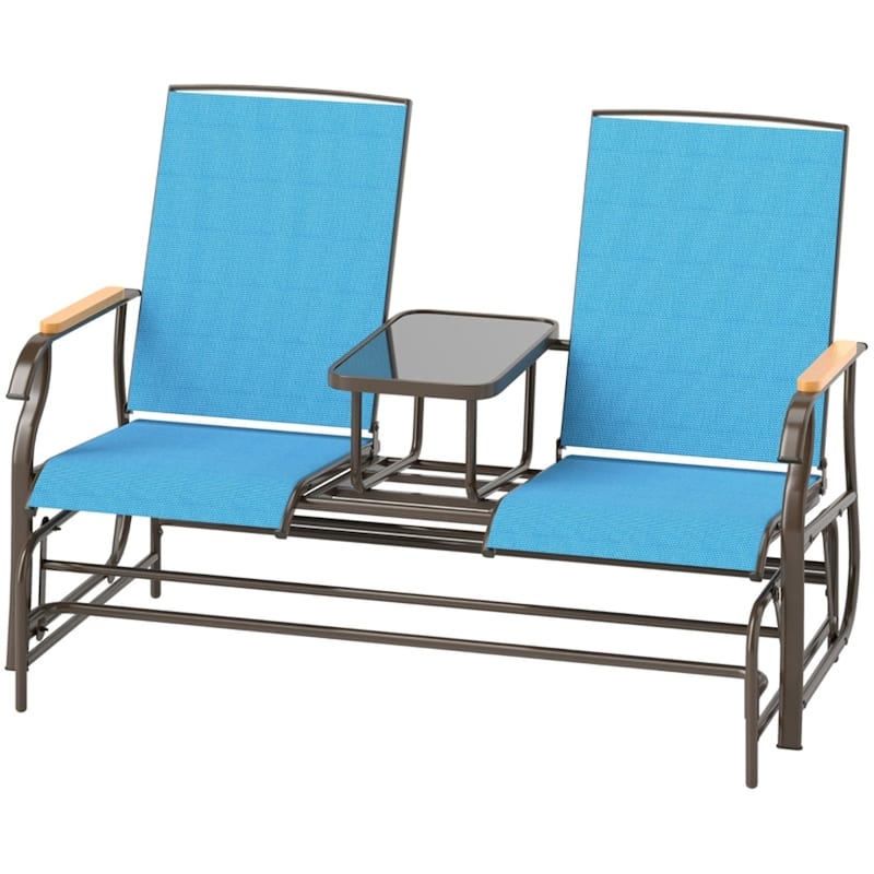 Steel Mesh Loveseat Rocking Glider Chair with Table - 57.75" W x 32.25" D x 38.5" H - Blue