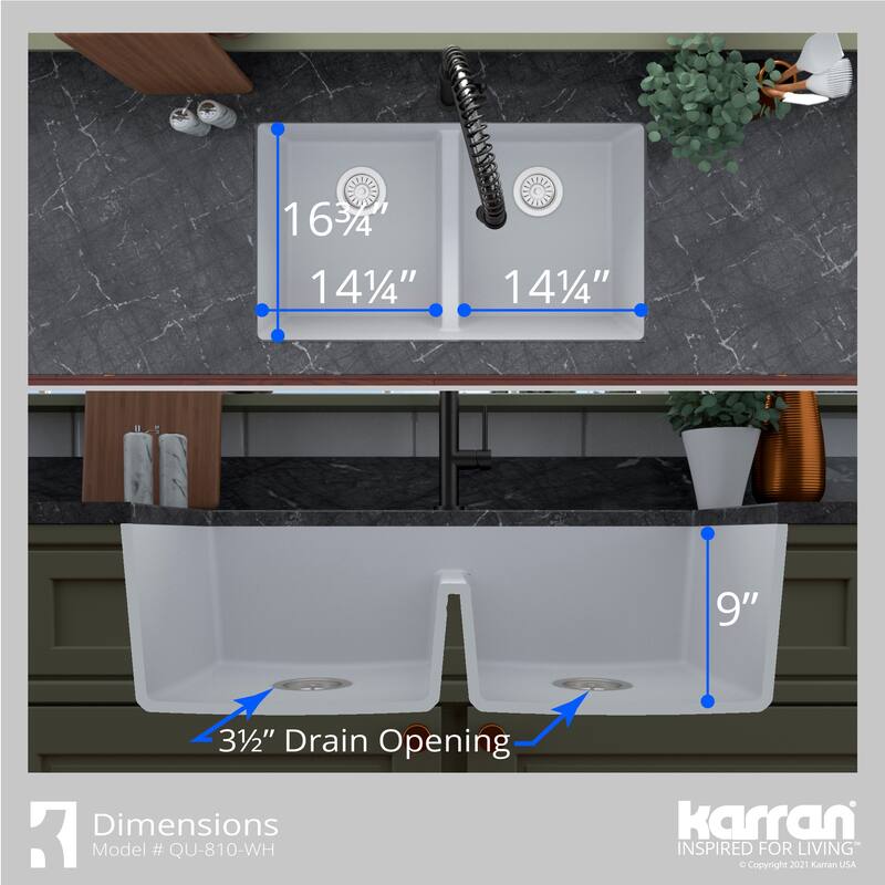 Karran 32" Undermount Double Equal Bowl Quartz Kitchen Sink Kit - 32" x 19.5" x 9"