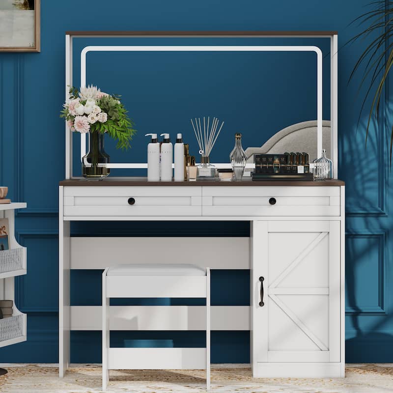 Roomfitters Farmhouse Vanity Desk with Hollywood Makeup Mirror and Lights, Vanity Table with Barn Door with 2 Drawers