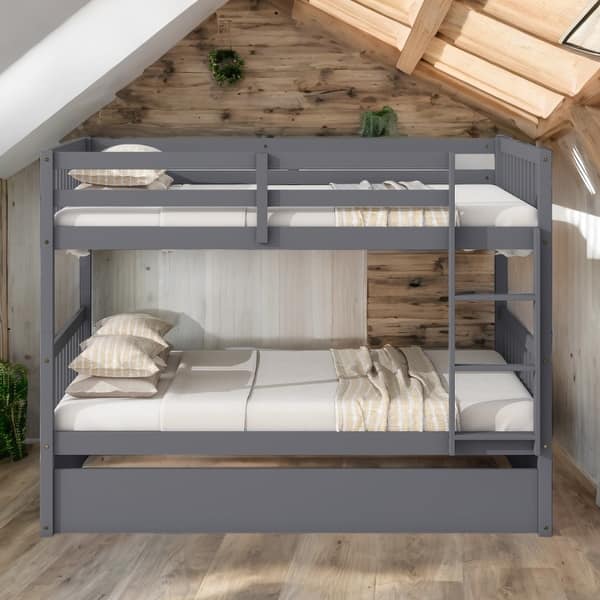 slide 2 of 49, Rubber Wood 2 In 1 Full Over Full Bunk Bed with Twin Size Trundle,Convertible to 2 Full Size Beds Dark Grey