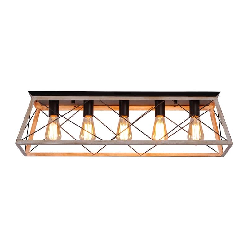 Rustic 5-Light Rectangular Cage Flush Semi Flush Mount - 31.5in