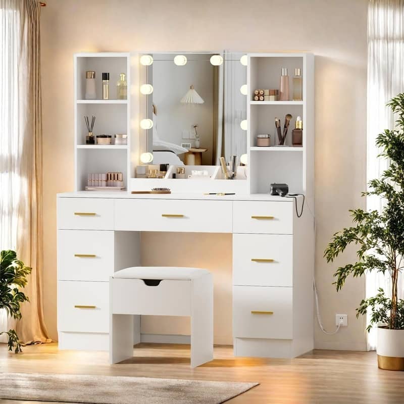 56" Farmhouse Makeup Vanity Set with Lighted Mirror, Charging Station, 7 Drawers - White
