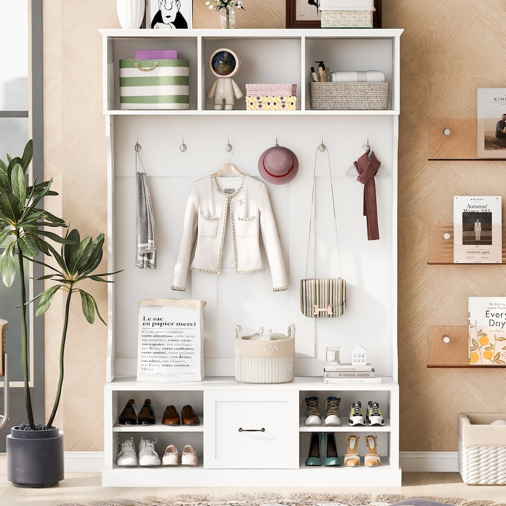 Modern Simple Coat Rack with 3 Top Shelves 6 Hooks Entry Bench and Drawers, for Entry Hallway Living Room