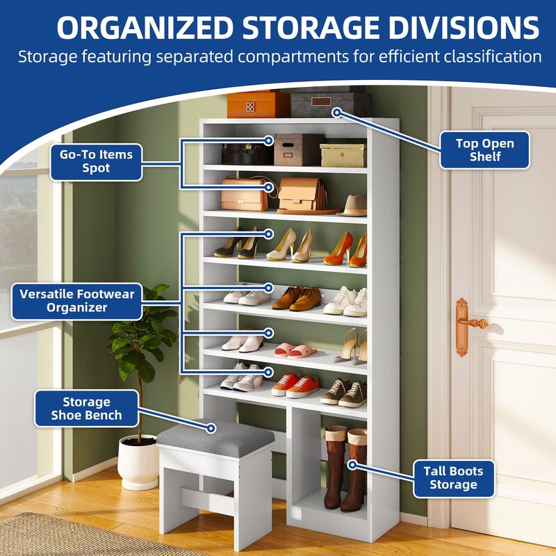 Moasis 8 Tiers Free Standing Shoe Cabinet with Hidden Bench, 70.9'' Tall Shoe Racks with Open Storage & High Boots Cubby