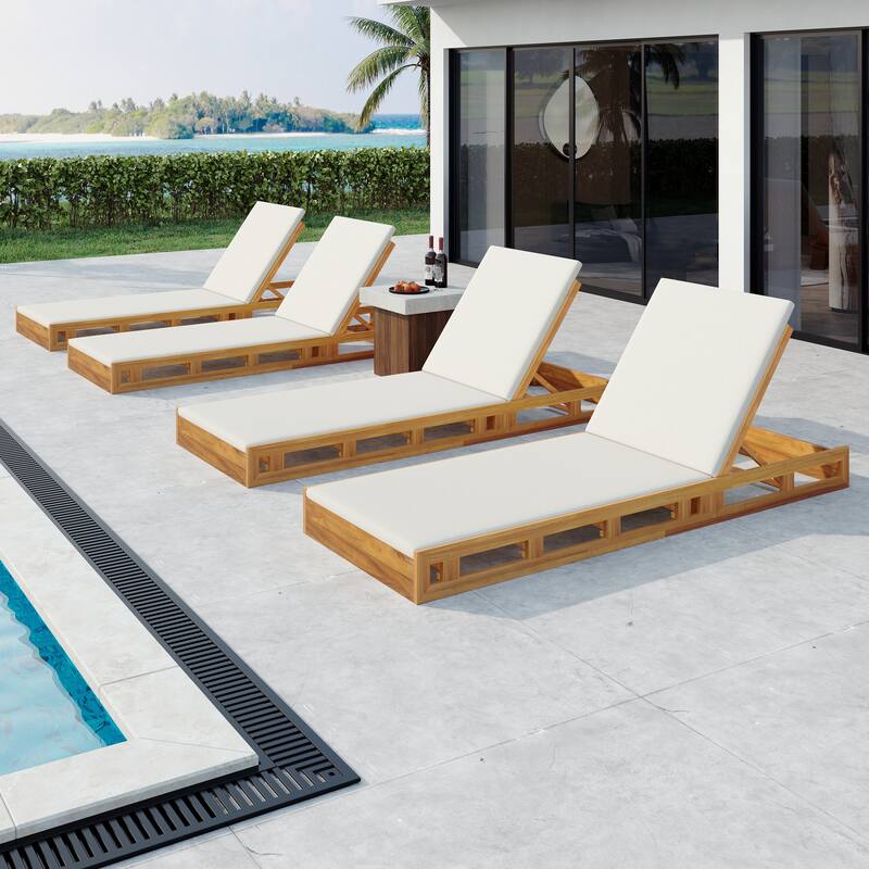 Roomfitters Outdoor Acacia Wood Chaise Lounge with 2-Inch Cream Water-Resistant Cushions Teak Finish