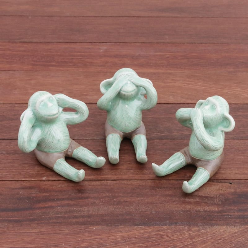 Novica Handmade Green Monkeys Celadon Ceramic Figurines (Set Of 3)