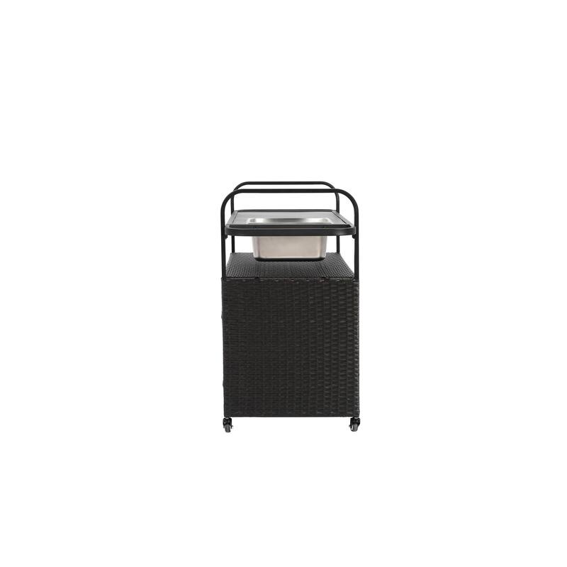Outdoor Bar Table, Wicker Bar Cart with Cabinet, Patio Serving Cart with steel Top, with one ice bucket,Lockable Wheels