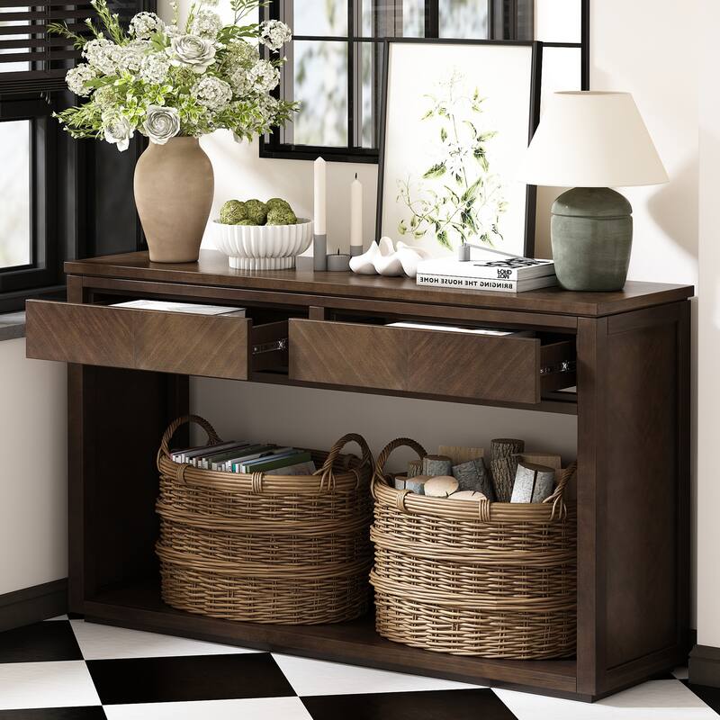55" Rustic Wooden Entryway Console Table with Storage Drawers & Open Shelf