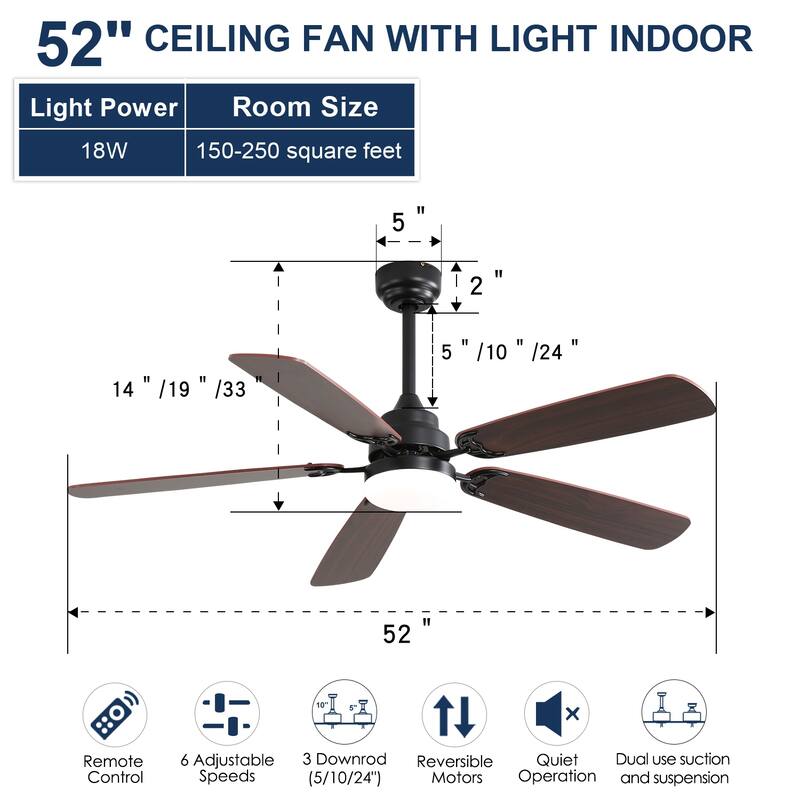 Two-Color Blade Ceiling Fan with Dimmable LED Light & Remote Control, 52 Inch Low Profile Reversible Ceiling Fan, 6 Speeds