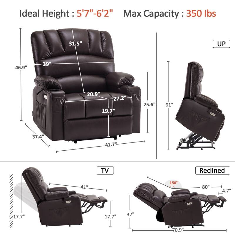 MCombo Large Power Lift Recliner Chair with Massage and Heat, Cup Holders, Side Pockets, Faux Leather R7092 (Large-Wide)