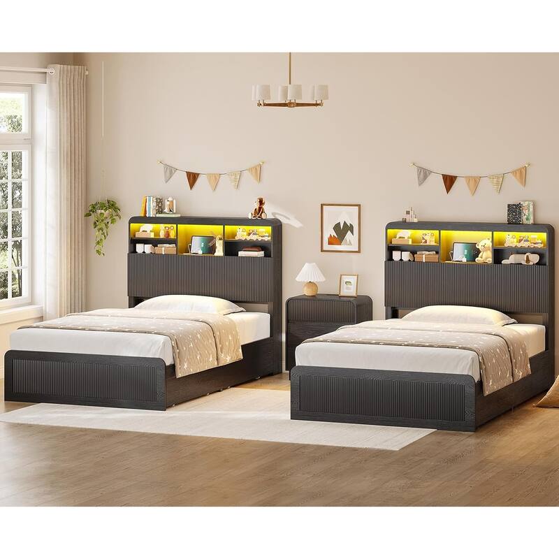 Bed Frame with 4 Storage Drawers and Hidden Storage Headboard Charging Station