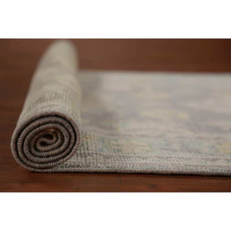 Hand Knotted Oriental 100% Wool Carpet Transitional Floral Greys & Charcoal Oushak Runner Rug - 14' 7'' X 3' 4''