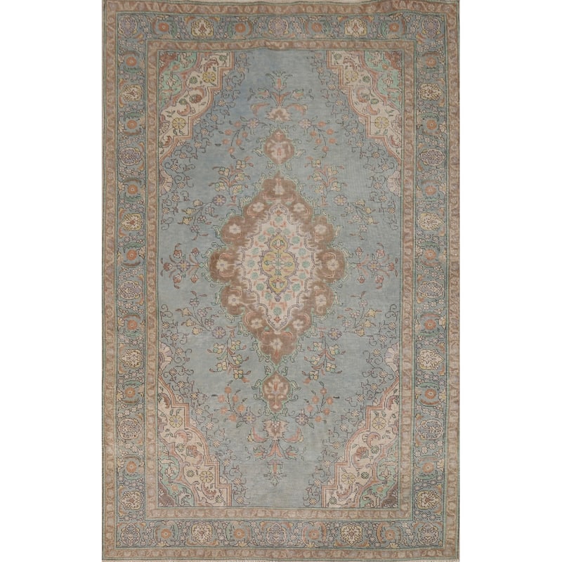 Hand Knotted Oriental 100% Wool Carpet Traditional Floral Navy Blue & Blues Tabriz Area Rug - 8' 11'' X 5' 8''
