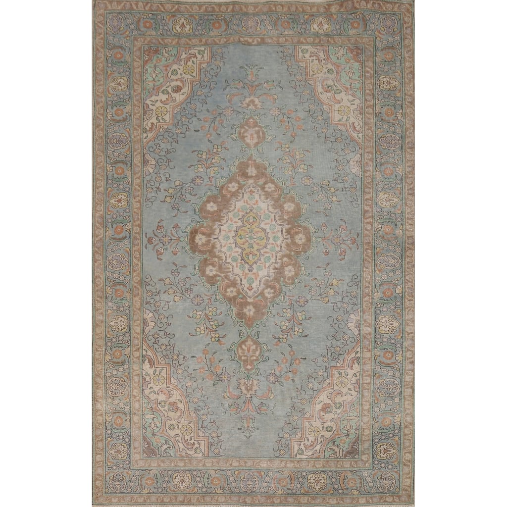 Hand Knotted Oriental 100% Wool Carpet Traditional Floral Navy Blue & Blues Tabriz Area Rug - 8' 11'' X 5' 8''
