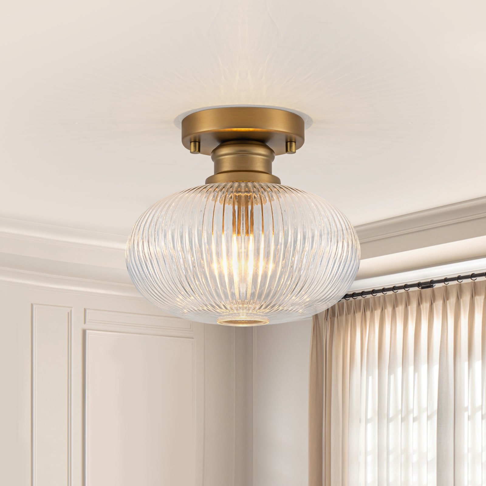 Matte Brass Flush Mount Ceiling Light with Ribbed Glass Dining Room - Dia.8.58inch