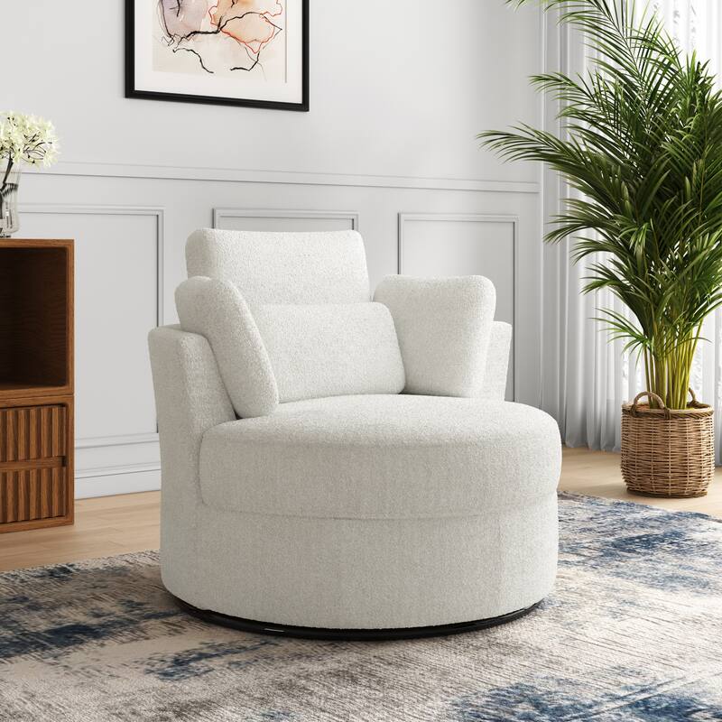Upholstered Barrel Swivel Accent Chairs - 1-Piece - Ivory Boucle