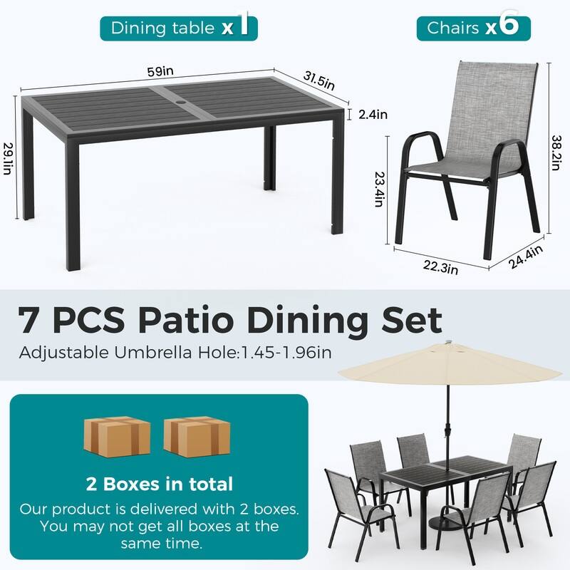 6-Person Patio Dining Set, Textilene Stackable Chairs and Rectangular Table with Umbrella Hole