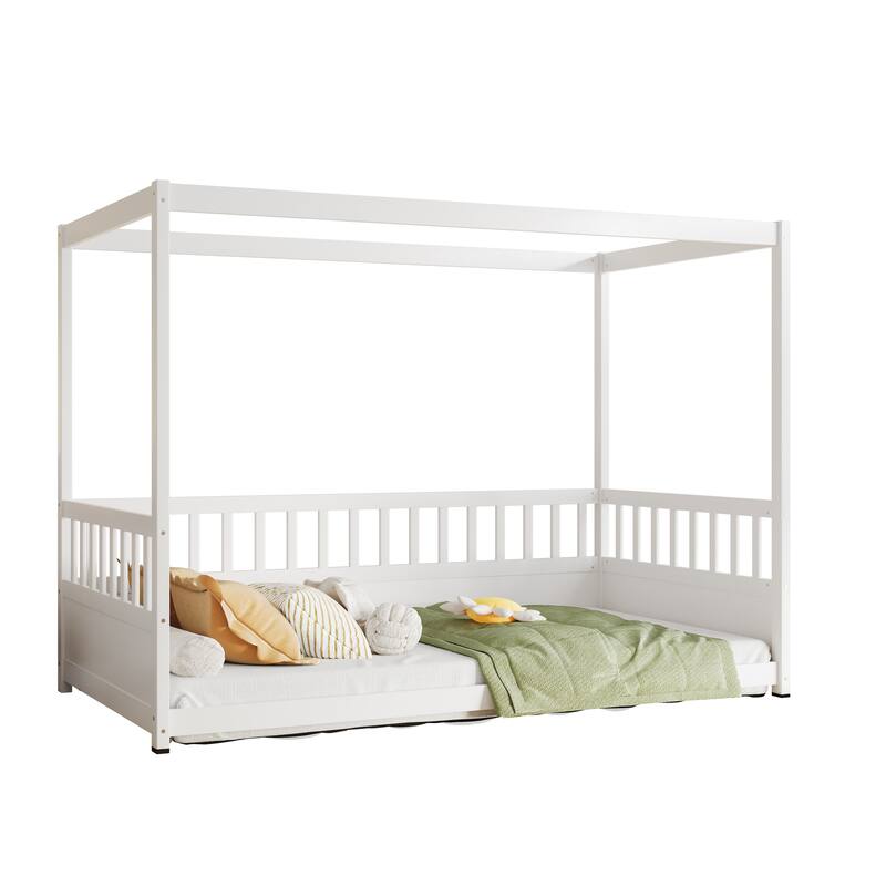Twin Size Wooden Canopy Bed Frame with Guardrails for Kids, Montessori Floor Bed in White