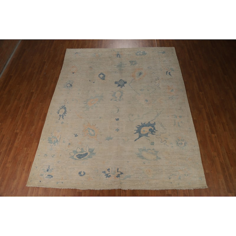 Beige Oushak Turkish Rug Hand-Knotted Transitional Wool Carpet - 9'2"x 11'3"
