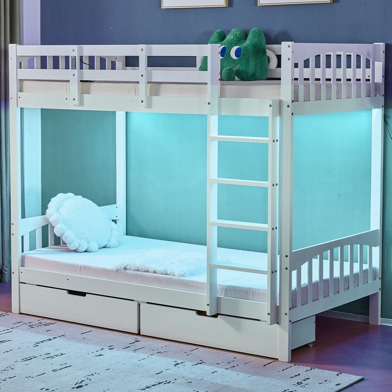 Solid Wood Twin-over-Twin Convertible Bunk Bed with 2 Drawer, White