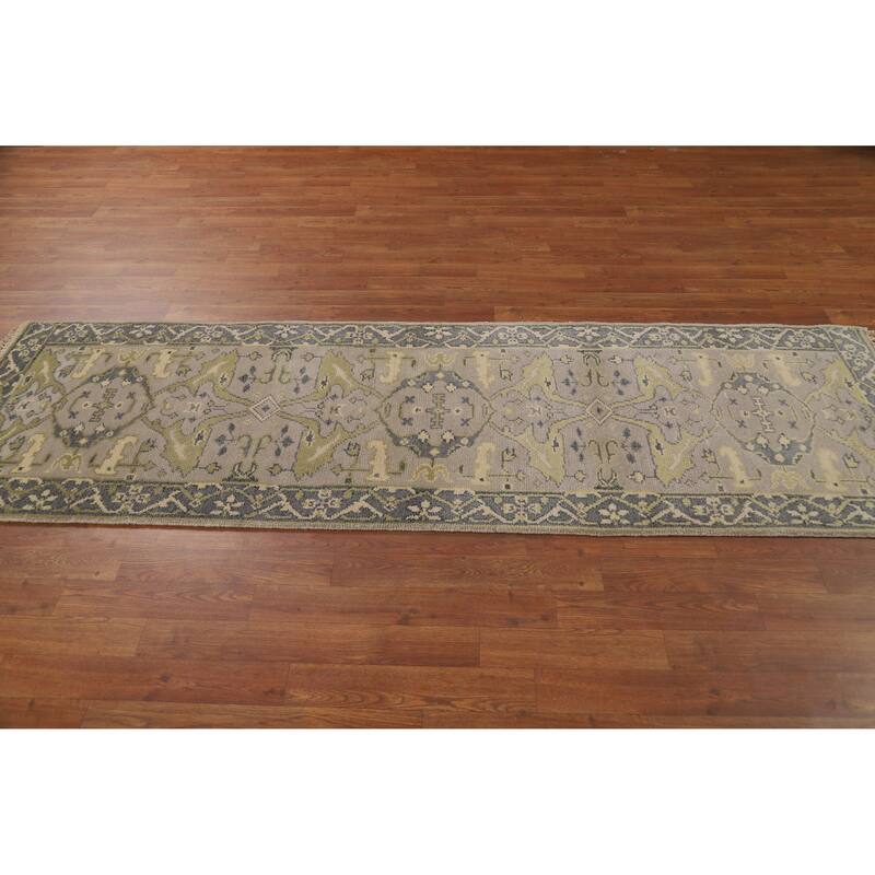 All-Over Gray Oushak Oriental Runner Rug Hand-Knotted Wool Carpet - 2'6"x 8'1"