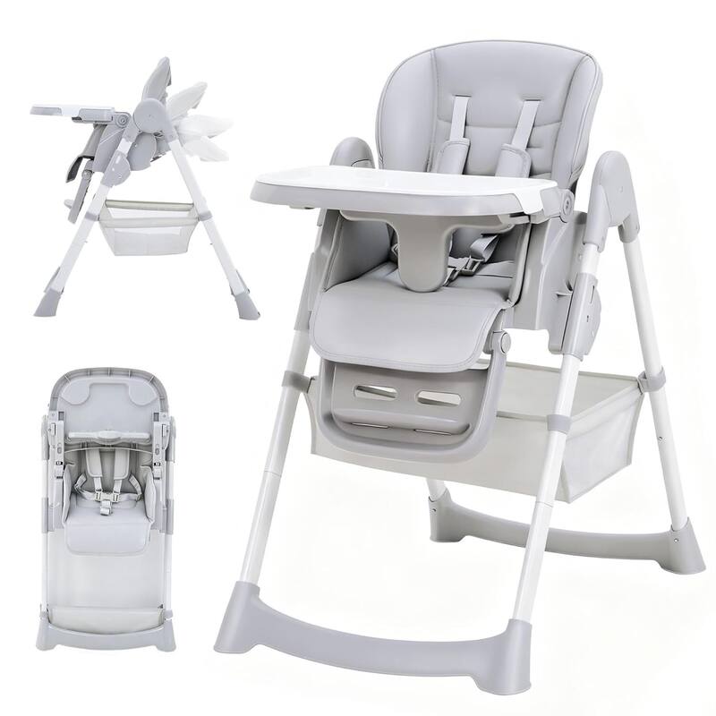 Adjustable Backrest Foldable High Chair for Babies & Toddlers, Light Grey - Grey